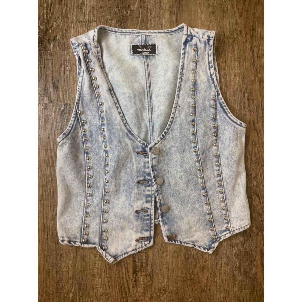 Marci Acid Wash Studded Denim Vest Light Blue Western Rocker Size Large 55501